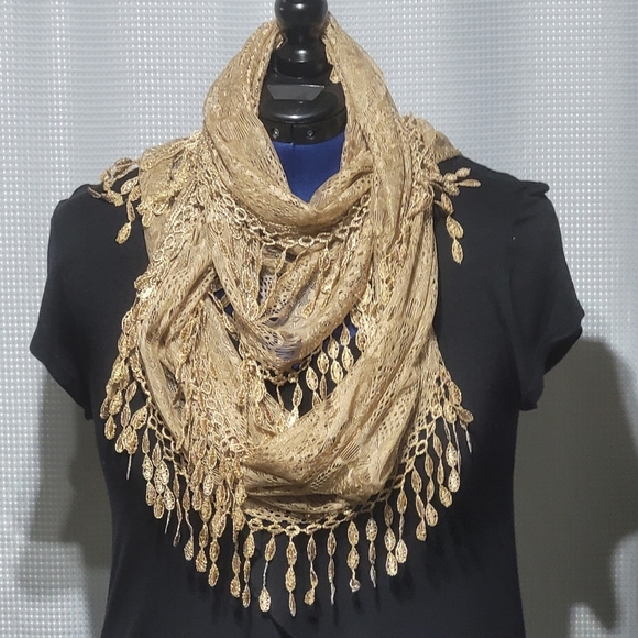 Infinity Lace Fringed Champagne Colored Scarf - Picture 4 of 11